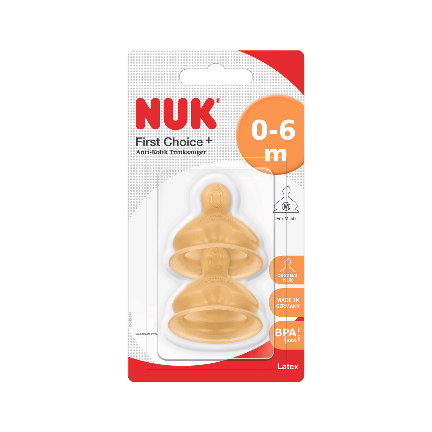 NUK First Choice + Latex Teat Size 1 (0-6 m) Medium Hole 2 Pack