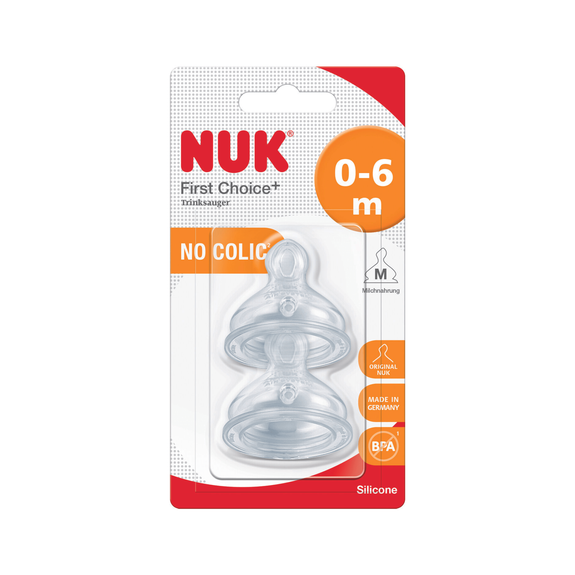 NUK First Choice + Silicone Teat Size 1 (0-6 m) Medium Hole 2 Pack