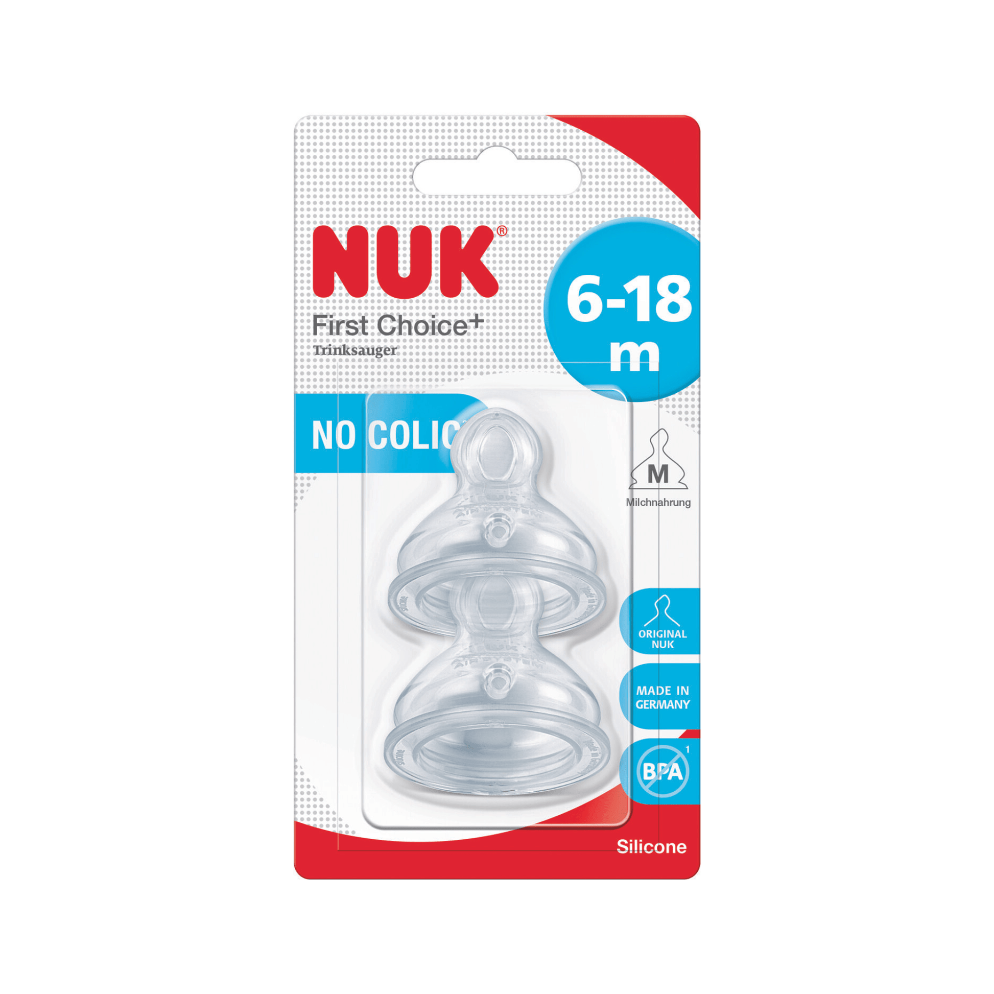 NUK First Choice + Silicone Teat Size 2 (6-18 m) Medium Hole 2 Pack