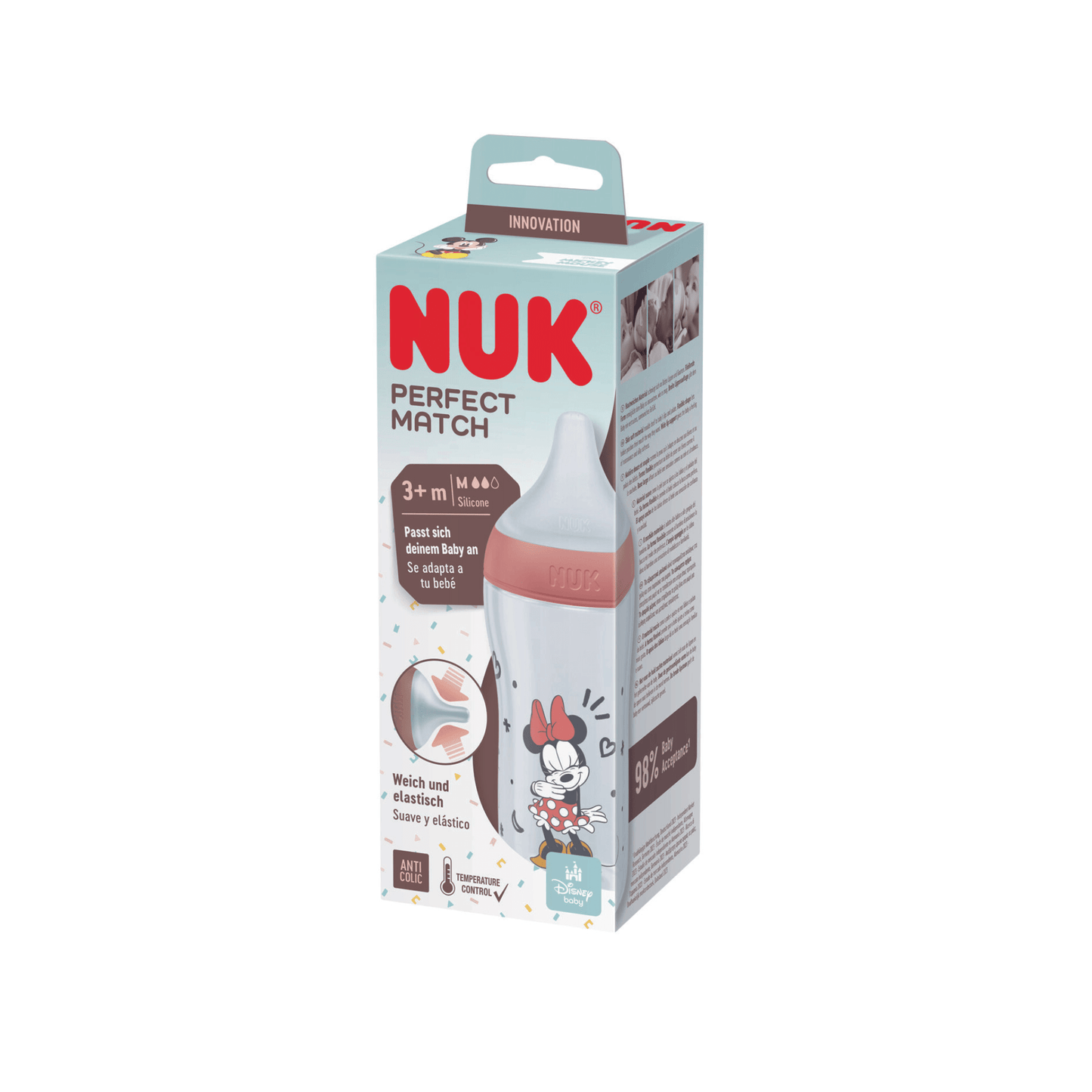 NUK Perfect Match 260ml Temperture Control Minnie Medum Teat Red  1pk