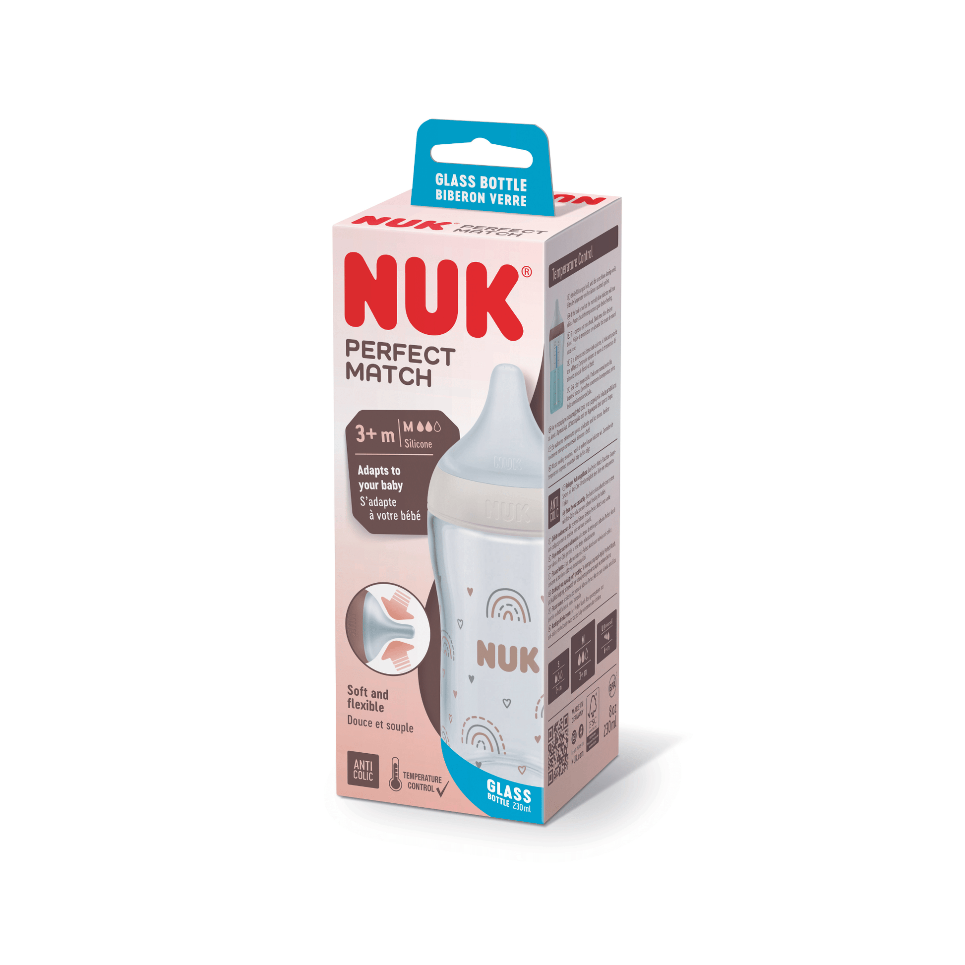 NUK Perfect Match 260ml Temperture Control  Rainbows Medium Teat 1pk