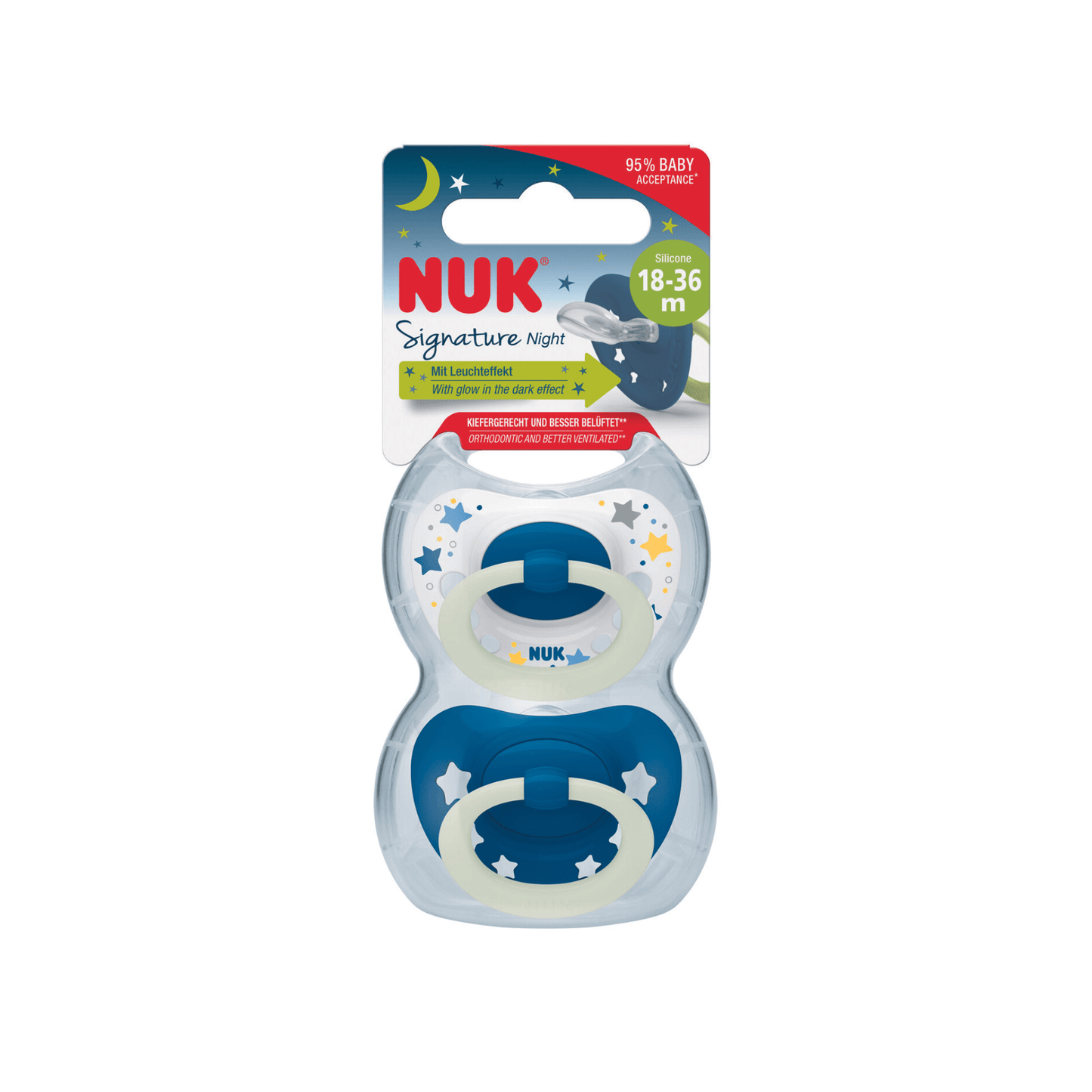 NUK Signature Night Silicone Soother Boy 18-36 Months 2 Pack