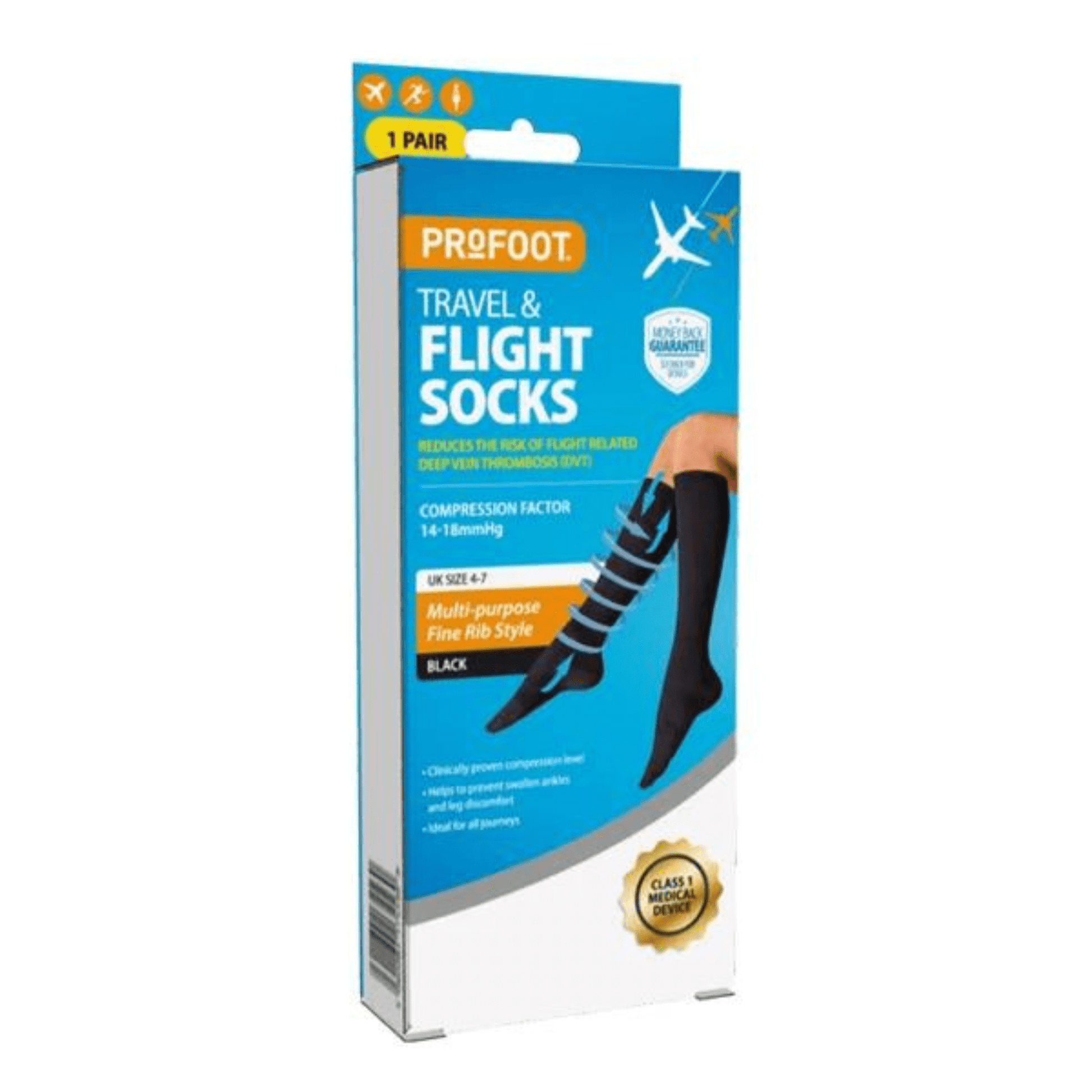 Profoot Travel & Flight Socks Black Size 8-11