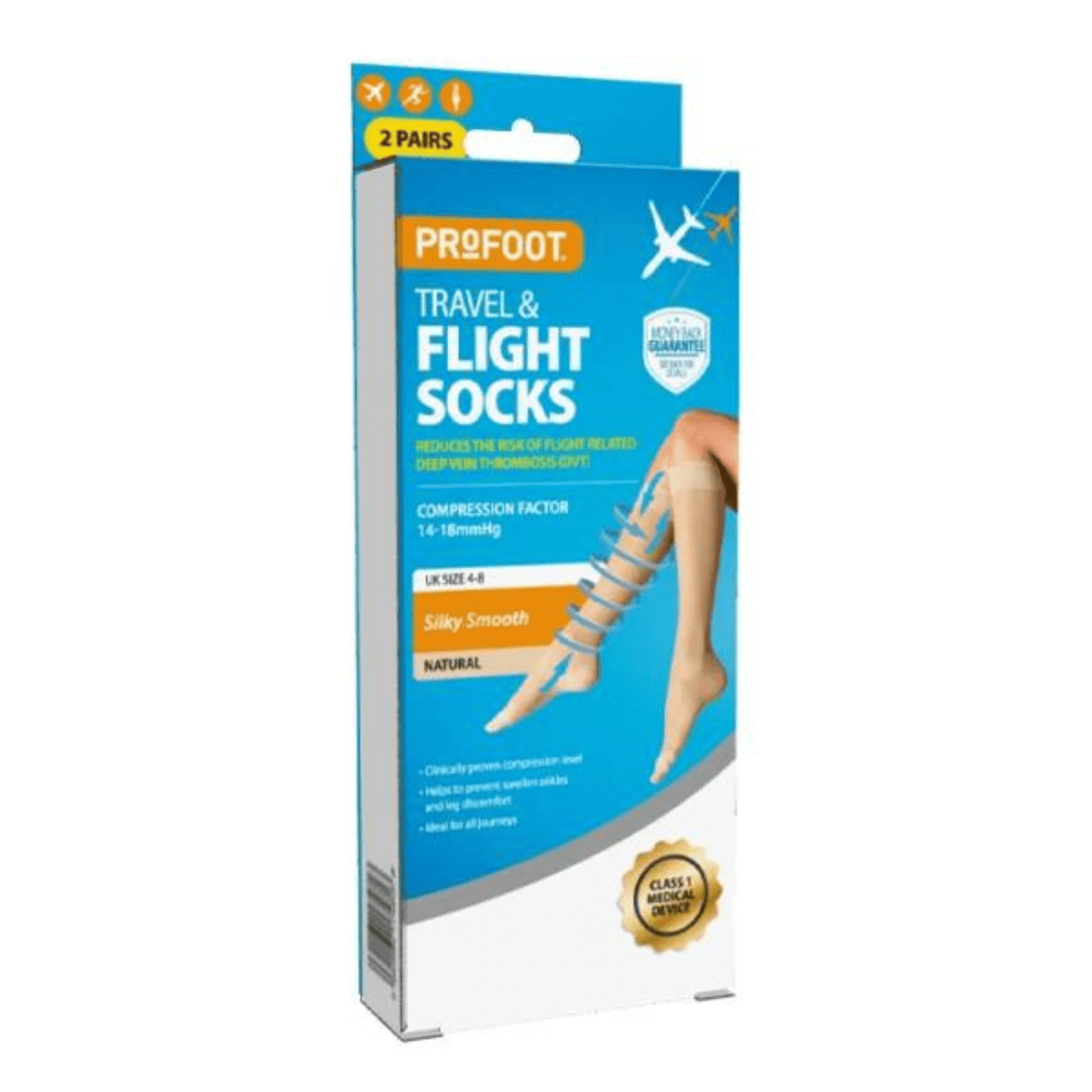 Profoot Travel & Flight Socks Silky Smooth Natural Size 4-8 2 Pairs